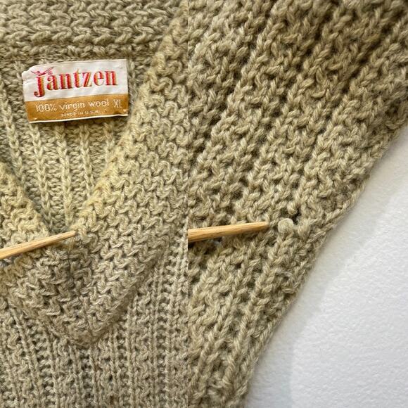 Vintage 60's Jantzen Wool Mens Sweater / XL / Mod Chunky Pullover Striped Beige - Picture 7 of 9
